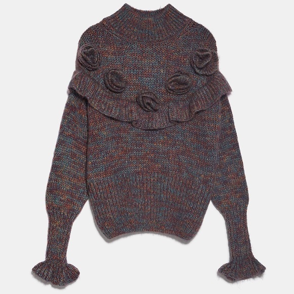 Zara Mohair Blend Oversized Knit Sweater Ruffle Flower Pom-Poms Bubble Sleeves - Picture 7 of 14